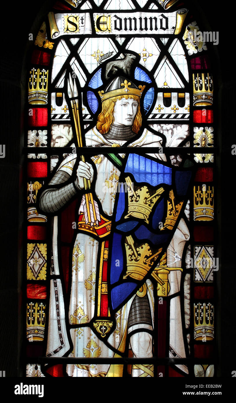 Glasmalerei-Fenster Darstellung St Edmund von Firma: Clayton & Bell über 1925 Stockfoto