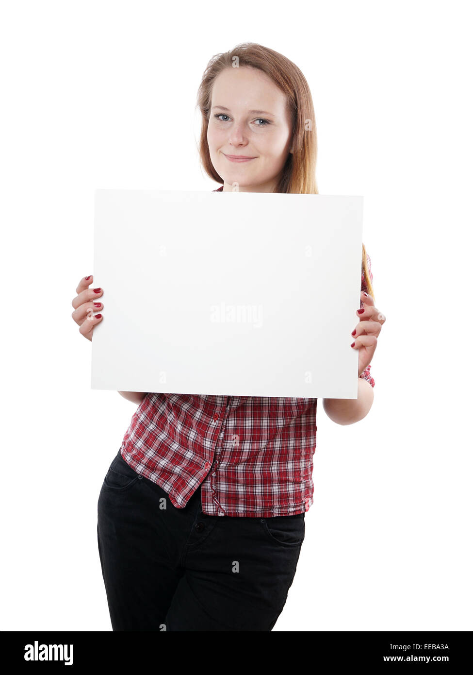 junge Frau Holding Zeichen Stockfoto