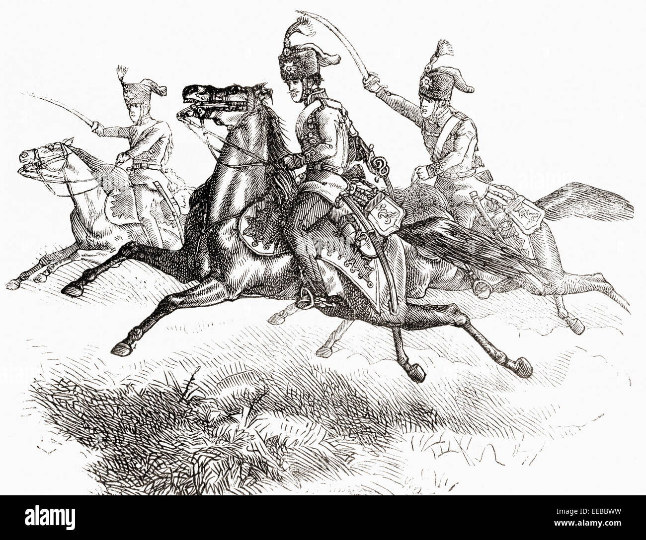 Laden Husaren oder Hussards im 19. Jahrhundert. Stockfoto