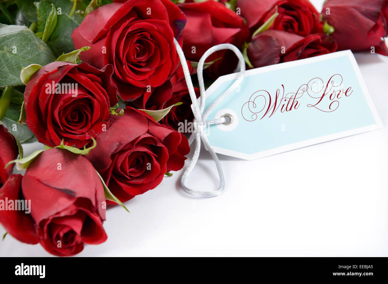 Happy Valentines Day Strauß roter Rosen auf weißem Hintergrund und mit Liebe Grußkarte-Tag. Stockfoto