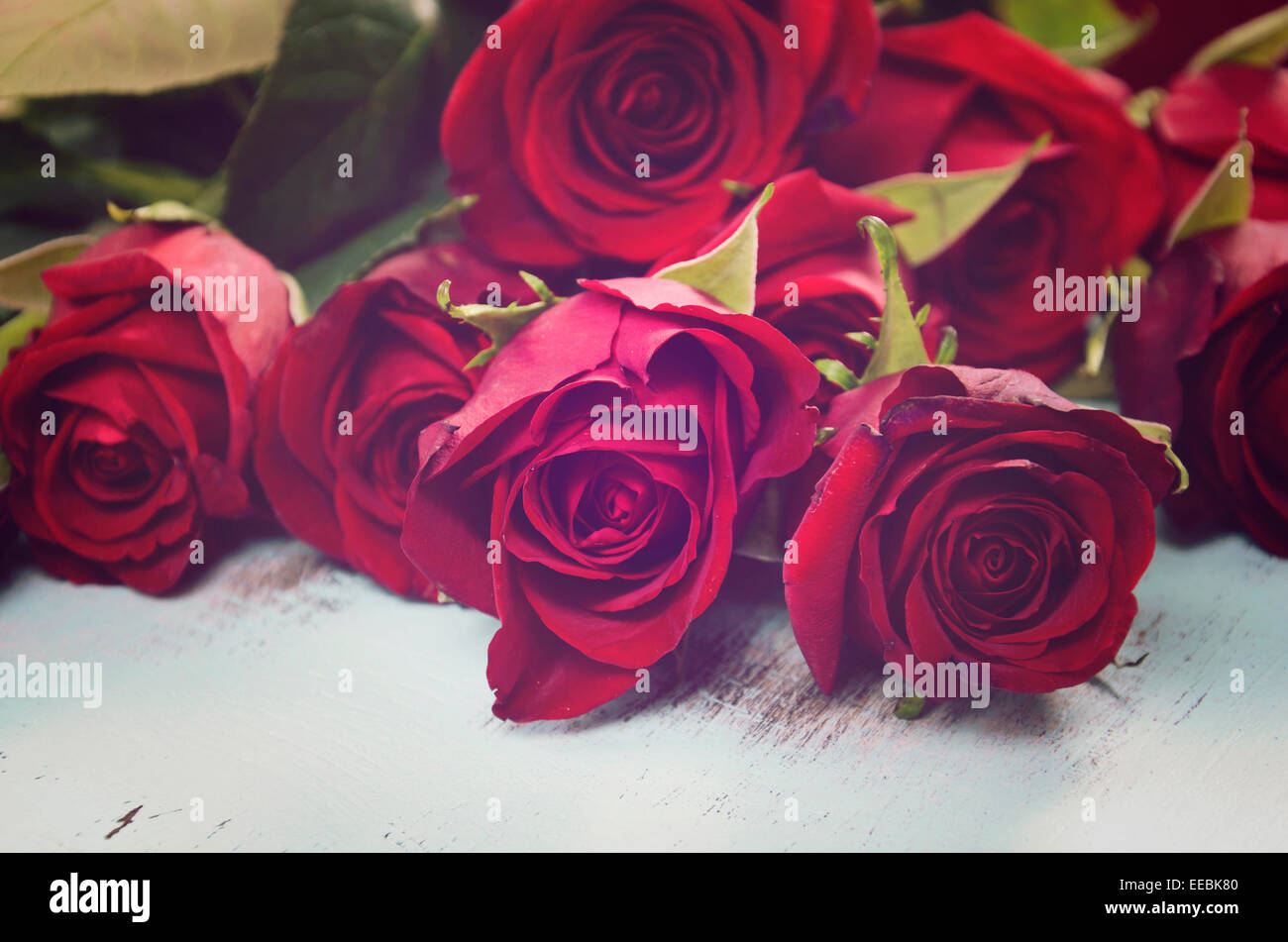 Vintage rote Rosen Geschenk für Valentinstag, Geburtstag oder besonderen Anlass auf blasse Aquablau recycelt notleidenden Holz Hintergrund. Stockfoto