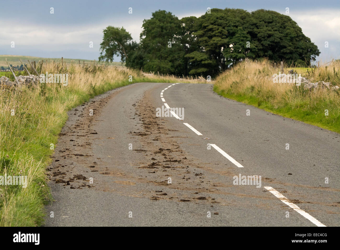 Schlamm auf der Hauptstraße, nach Traktor aus einem Feld mit Schlamm auf den Reifen. Cumbria. Stockfoto