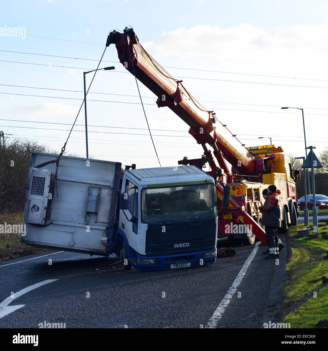 Ein Wagen ist hob nach umgeweht wird bei starkem Wind in County Durham, Großbritannien Stockfoto