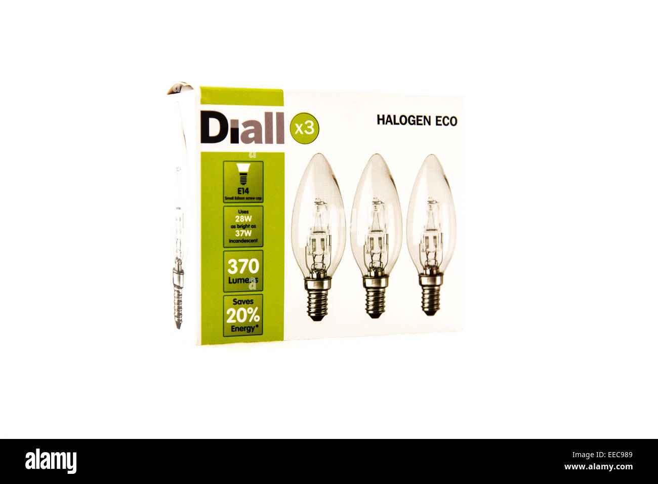 Halogen Eco Glühbirne Glühbirnen Energiesparer sparen Pack Paket Diall Box Glühbirne Kopie Raum weißen Hintergrund ausschneiden Stockfoto