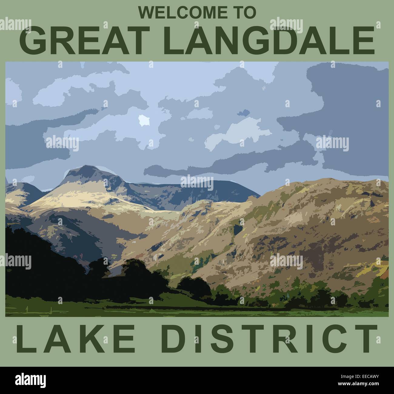 Ein Plakat Stil Außenillustration Langdale Pikes aus Great Langdale, der Lake District National Park, Cumbria, England, UK Stockfoto