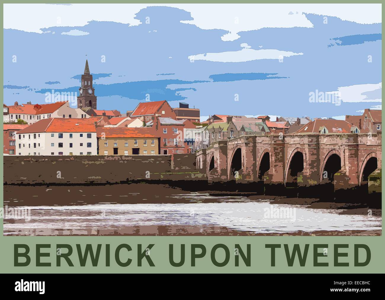 Ein Plakat Stil Außenillustration Berwick nach Tweed und die alte Brücke, Northumberland, England, UK Stockfoto