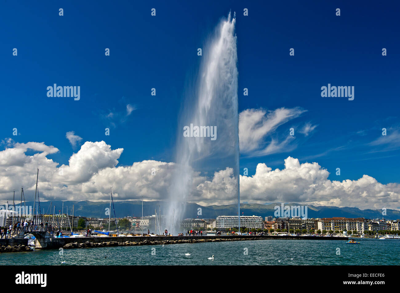 Die riesige Fontäne Jet d ' Eau im Hafengebiet Rade, Genf, Schweiz Stockfoto