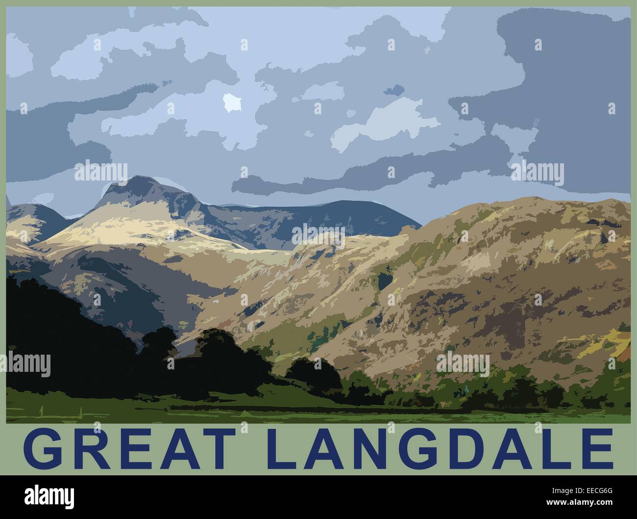 Ein Plakat Stil Darstellung von Great Langdale und Langdale Pikes, Nationalpark Lake District, Cumbria, England, UK Stockfoto