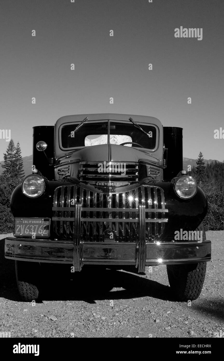 Makellose 1950 Sepia Silberchrom Chevrolet LKW abholen mit Adventskranz auf Fender Mount Shasta & redwoods Stockfoto