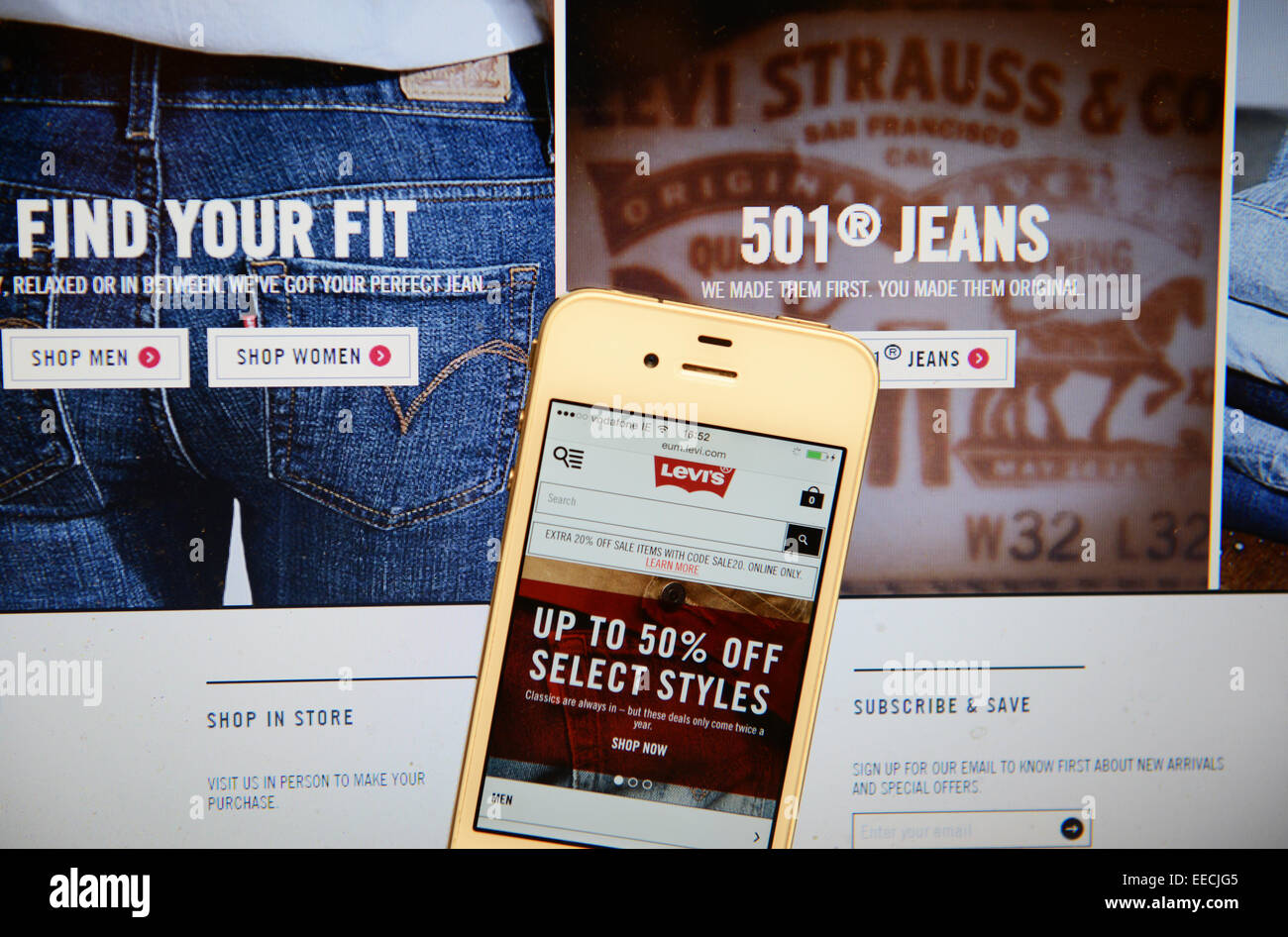 Levis-Website und IPhone Stockfoto
