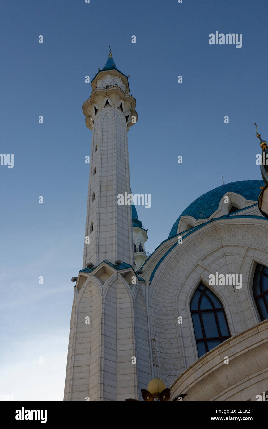 Türme, Türme der Kul-Sharif-Moschee im Kasaner Kreml, Russland, Tatarstan Stockfoto