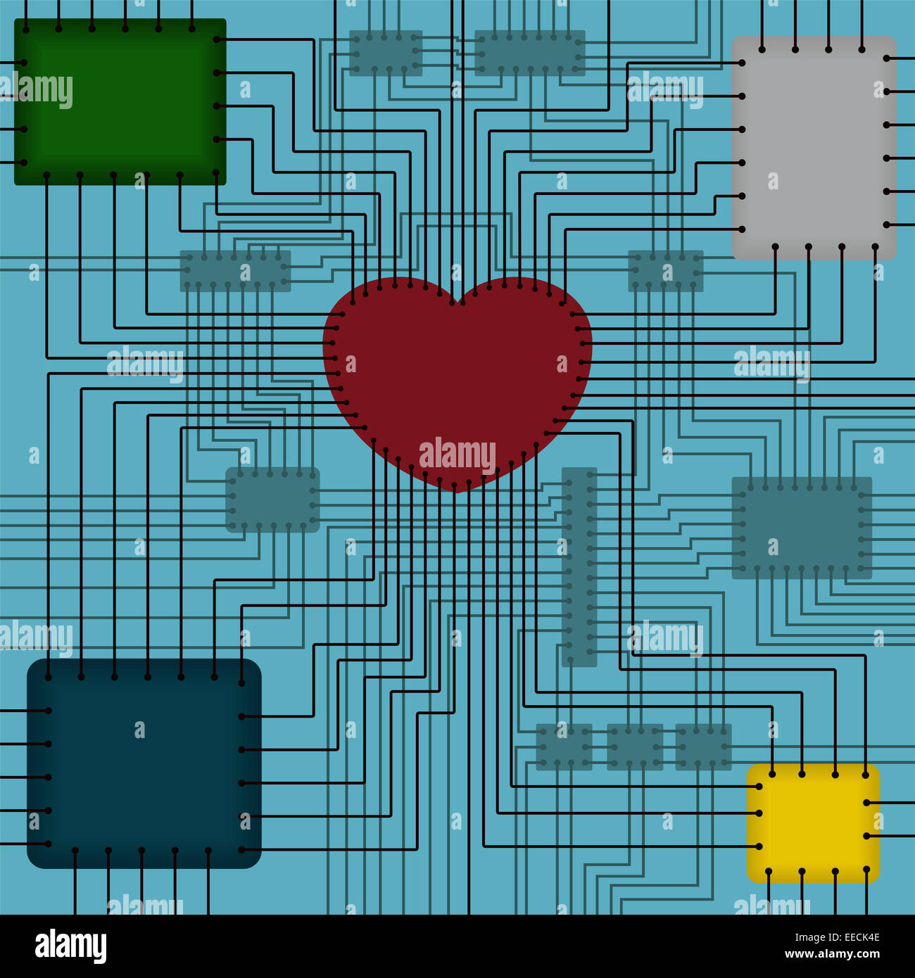 Vektor-Illustration eines Schaltkreises in dessen Mitte das Herz Stockfoto