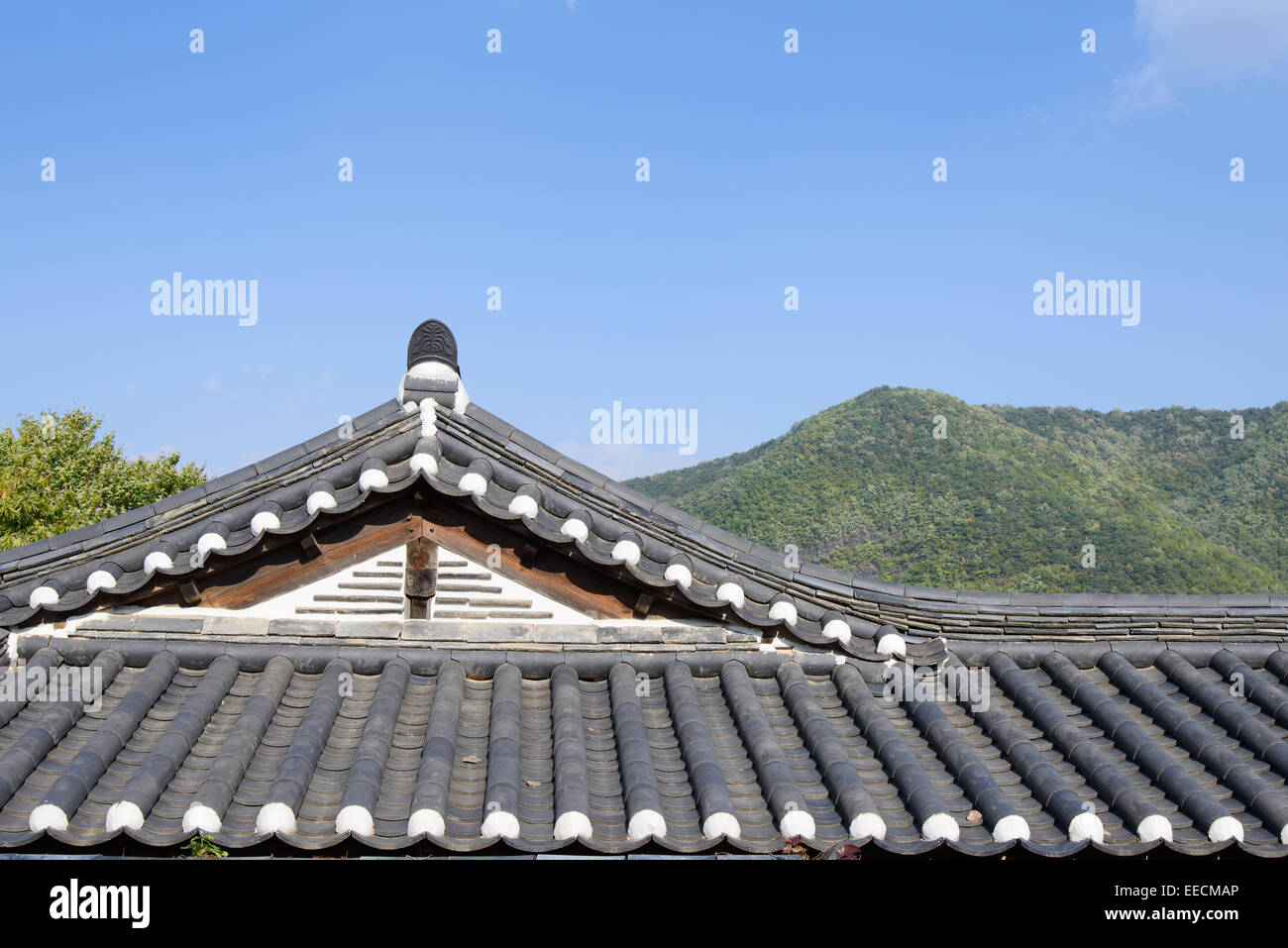 Ziegeldach der koreanischen traditionellen Architektur mit klaren Himmel Stockfoto