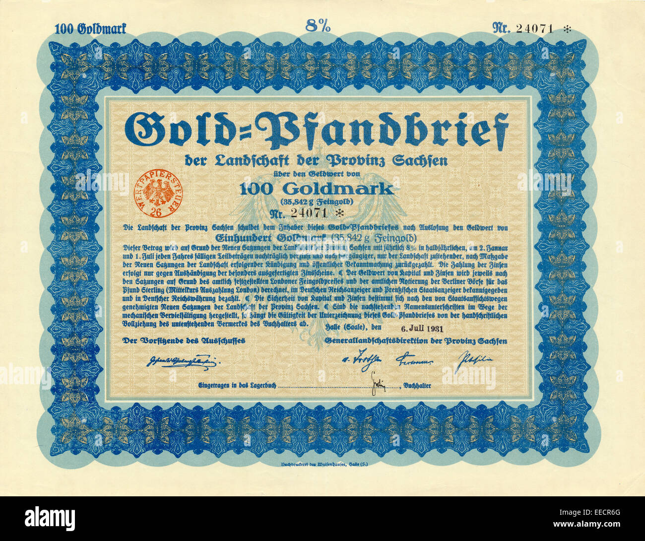 Historische Aktienzertifikat bond 100 Goldmark Goldpfandbrief Zertifikat, 1931, Sachsen, Deutschland, Europa, Stockfoto
