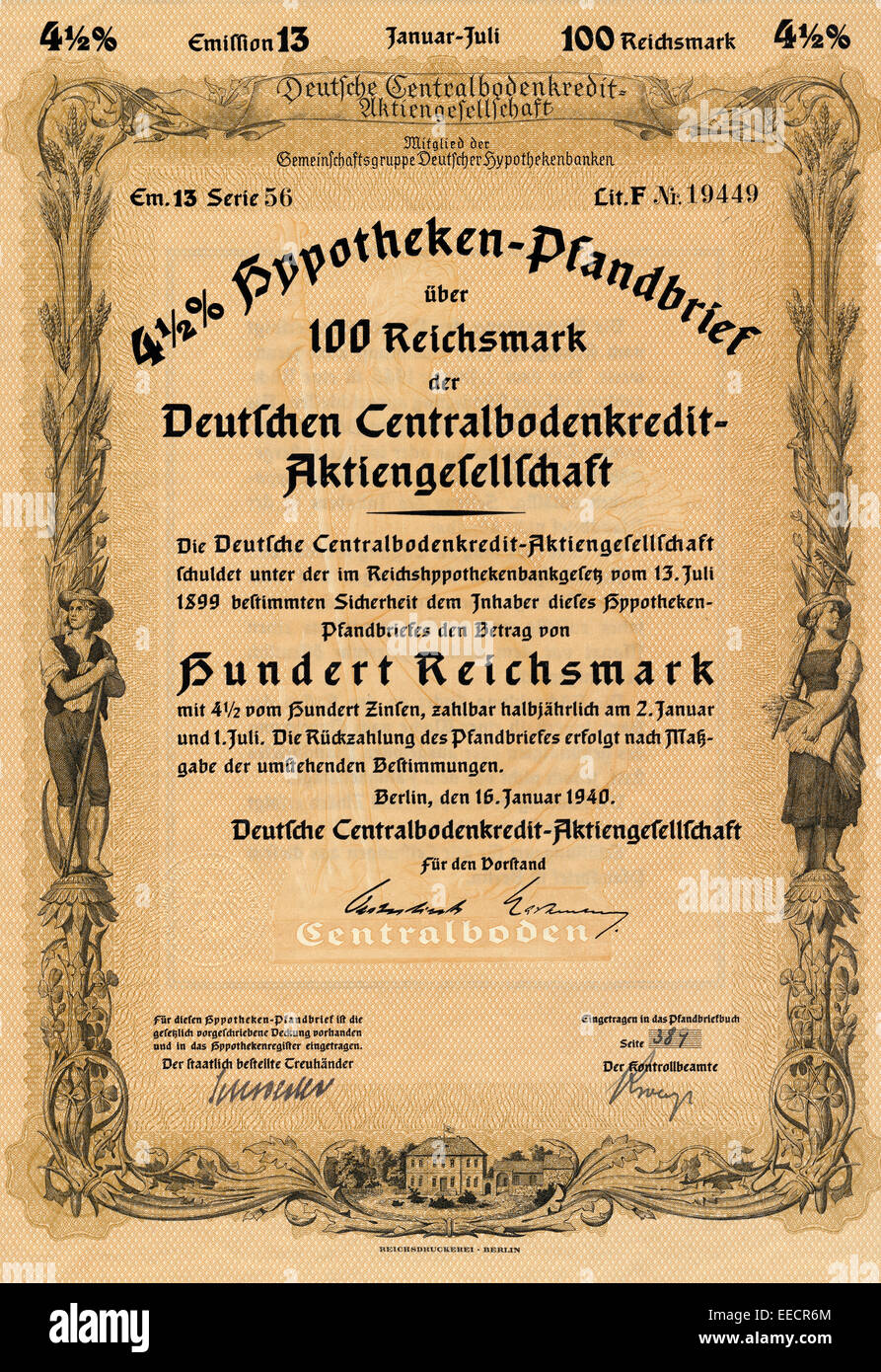 Historische Aktie, 4,5 % Iger Hypotheken-Pfandbrief der Deutschen Centralbodenkredit-Aktiengesellschaft Über 100 Reichsmark, 1940 Stockfoto