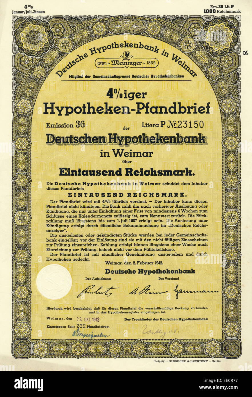 Historische Aktie, 4 % Iger Hypotheken-Pfandbrief der Deutschen Hypothekenbank in Weimar Über 1000 Reichsmark, 1942, Deutschland, Stockfoto