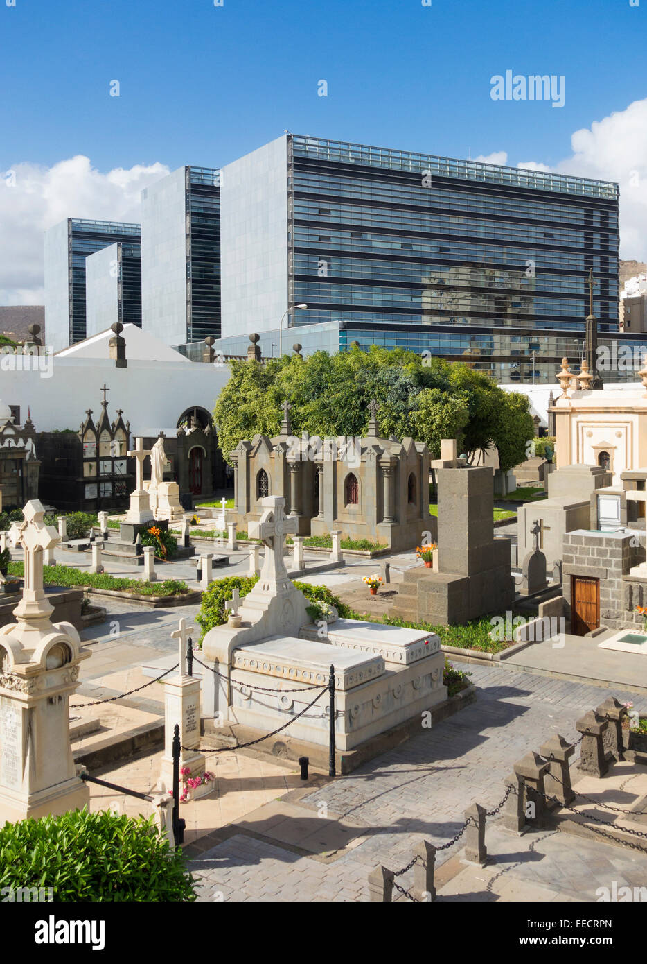 Blick über Vegueta Friedhof in Richtung La Ciudad de Justicia Gebäude in Las Palmas, Gran Canaria, Kanarische Inseln, Spanien Stockfoto