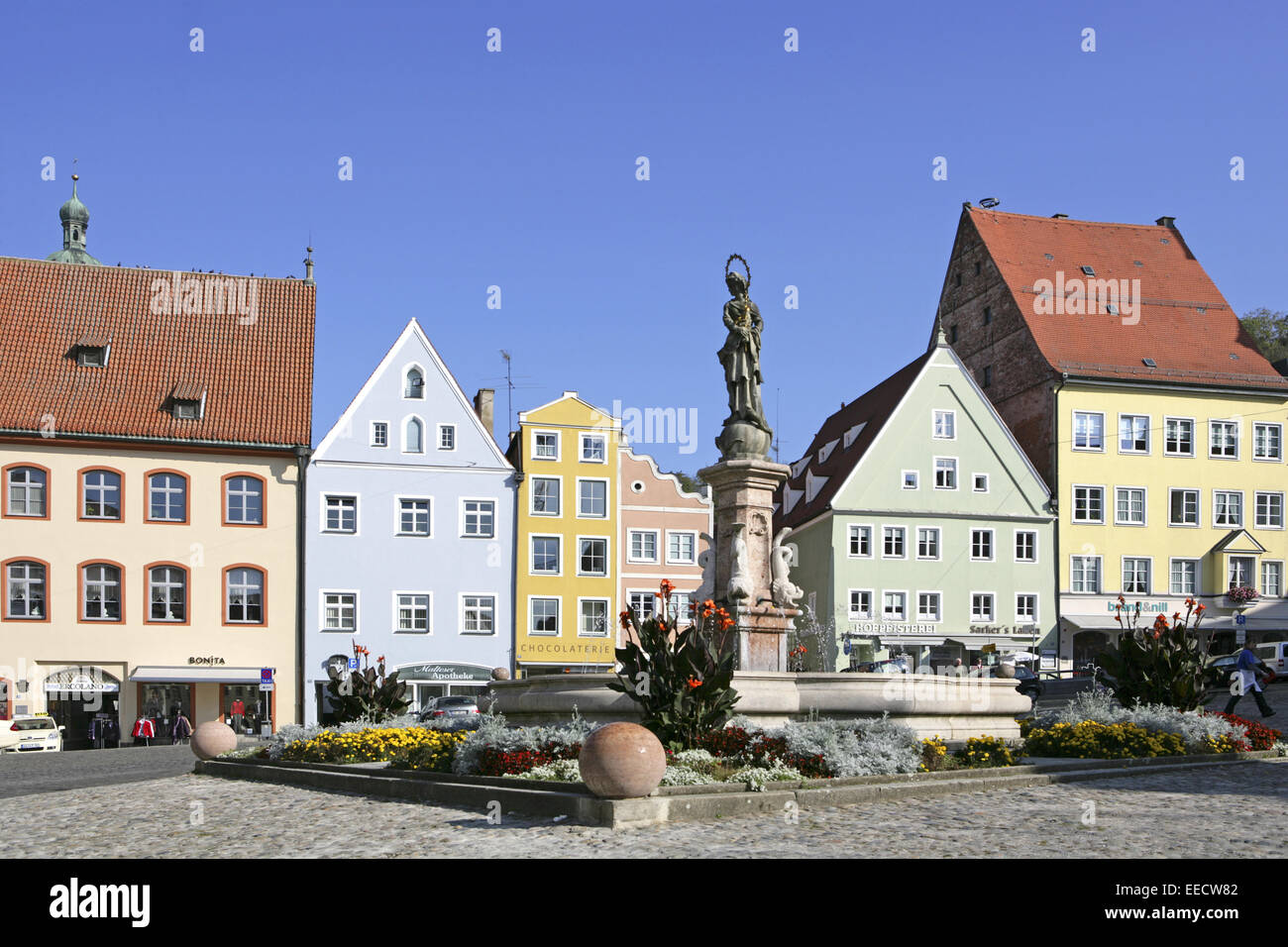 Deutschland, Bayern, Landsberg am Lech, Hauptplatz, Marienbrunnen, Romantische Strasse, Straße, Oberbayern, Haeuser, Wohnhaeuse Stockfoto