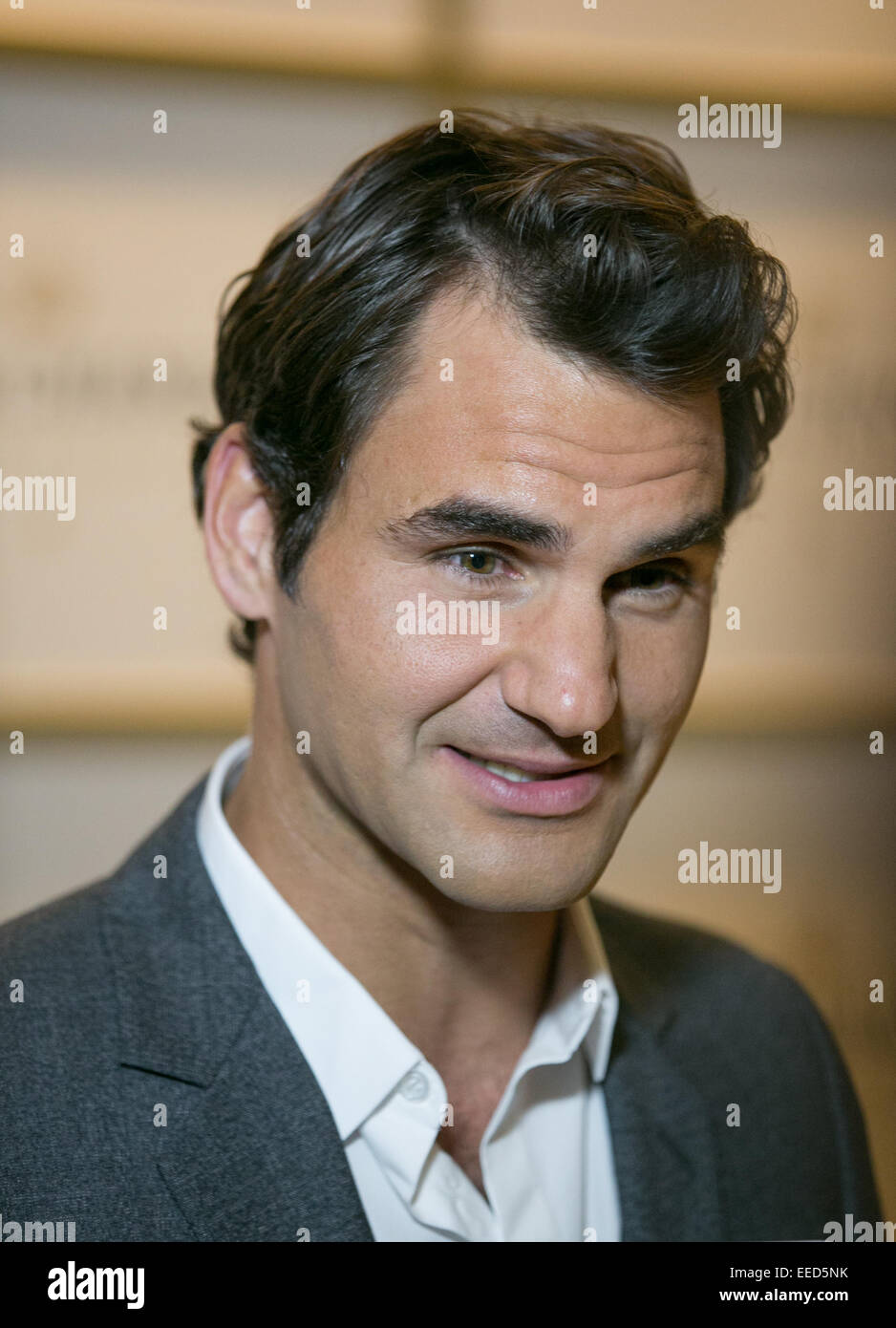 Roger Federer kommt bei der Moet & Chandon Veranstaltung vor den Australian Open Turnier an der Krone, Melbourne, 16. Januar 2015. Stockfoto
