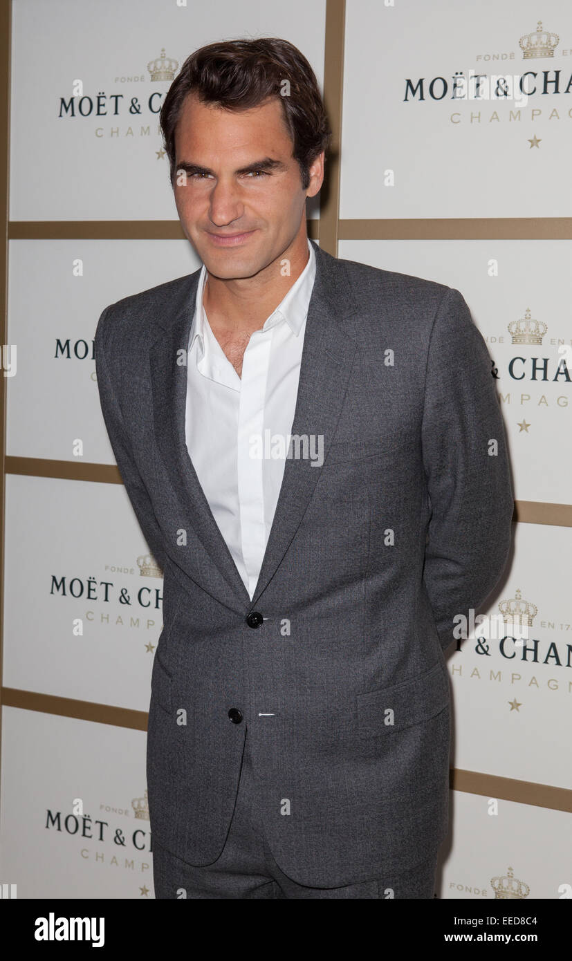 Roger Federer kommt bei der Moet & Chandon Veranstaltung vor den Australian Open Turnier an der Krone, Melbourne, 16. Januar 2015 Stockfoto