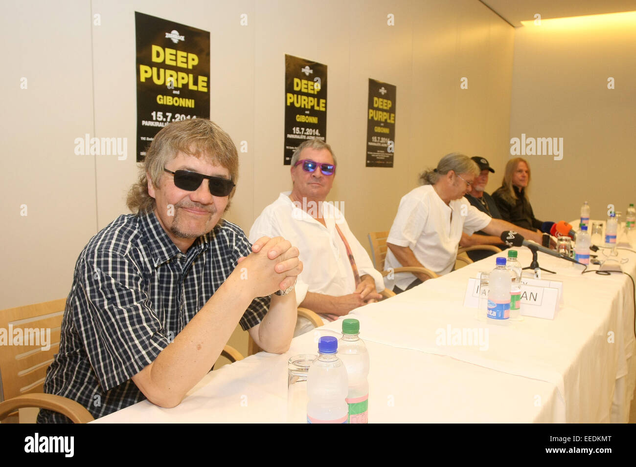 Legendäre britische Rockband Deep Purple besuchen eine Pressekonferenz vor ihrem Konzert im Jazine in Petrcane, Kroatien Featuring: Don Airey, Ian Paice, Roger Glover, Steve Morse, Deep Purple wo: Petrcane, Kroatien bei: 14. Juli 2014 Stockfoto