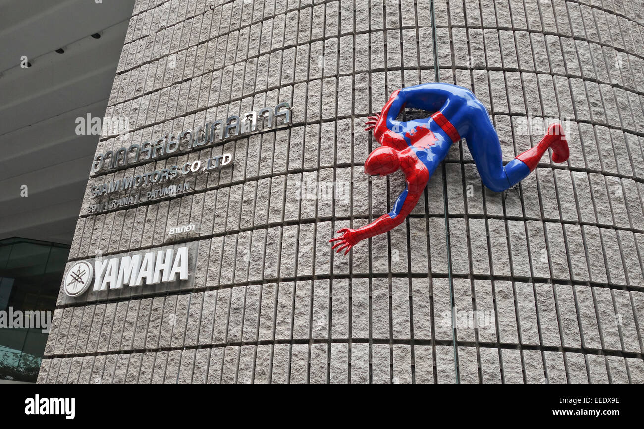 Spiderman, Spider-Man verwendet als Promotion auf Wand von Yamaha Company, Siam Motoren, Bangkok, Thailand Stockfoto