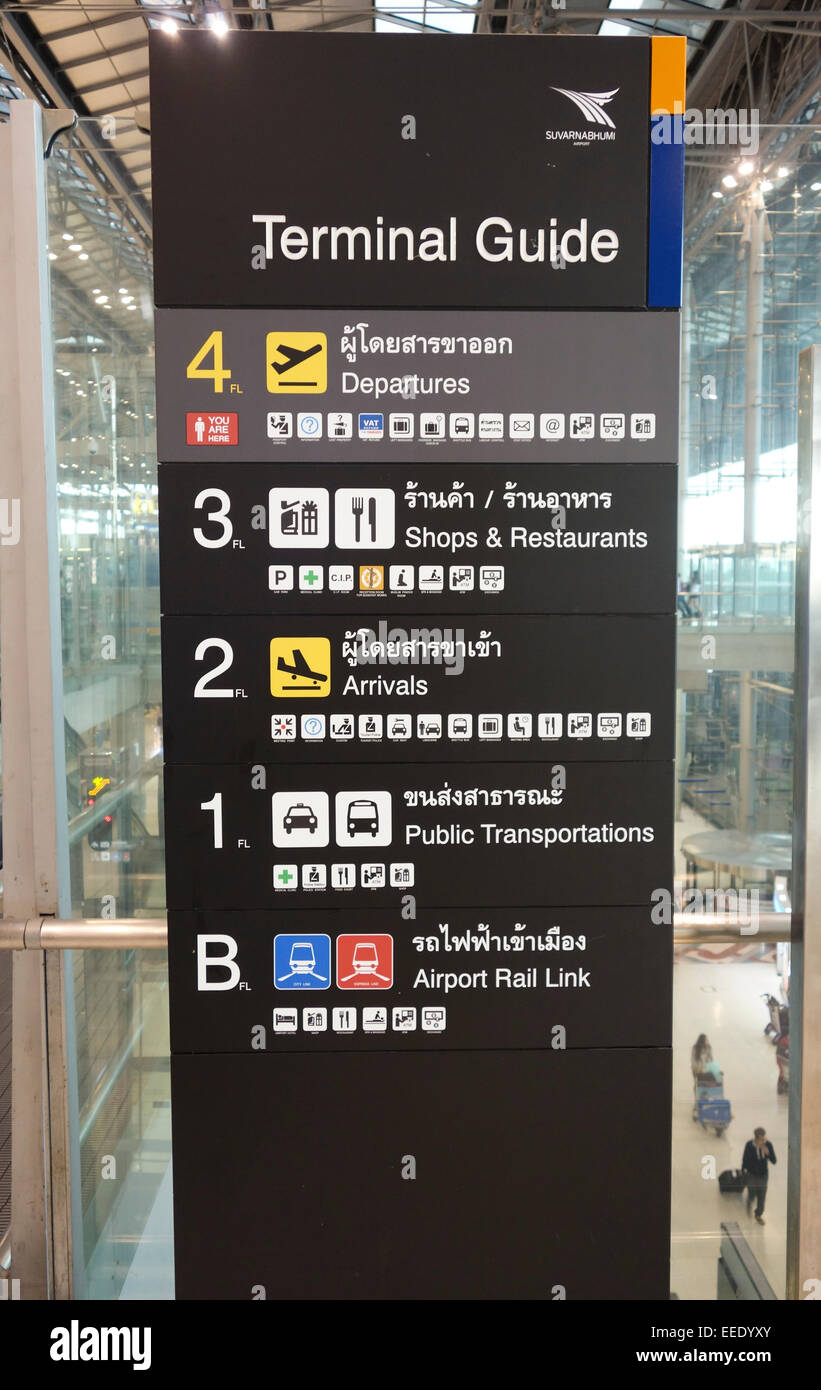 Infotafel, Terminal Guide, Suvarnabhumi Airport, Bangkok, Thailand, Südostasien. Stockfoto
