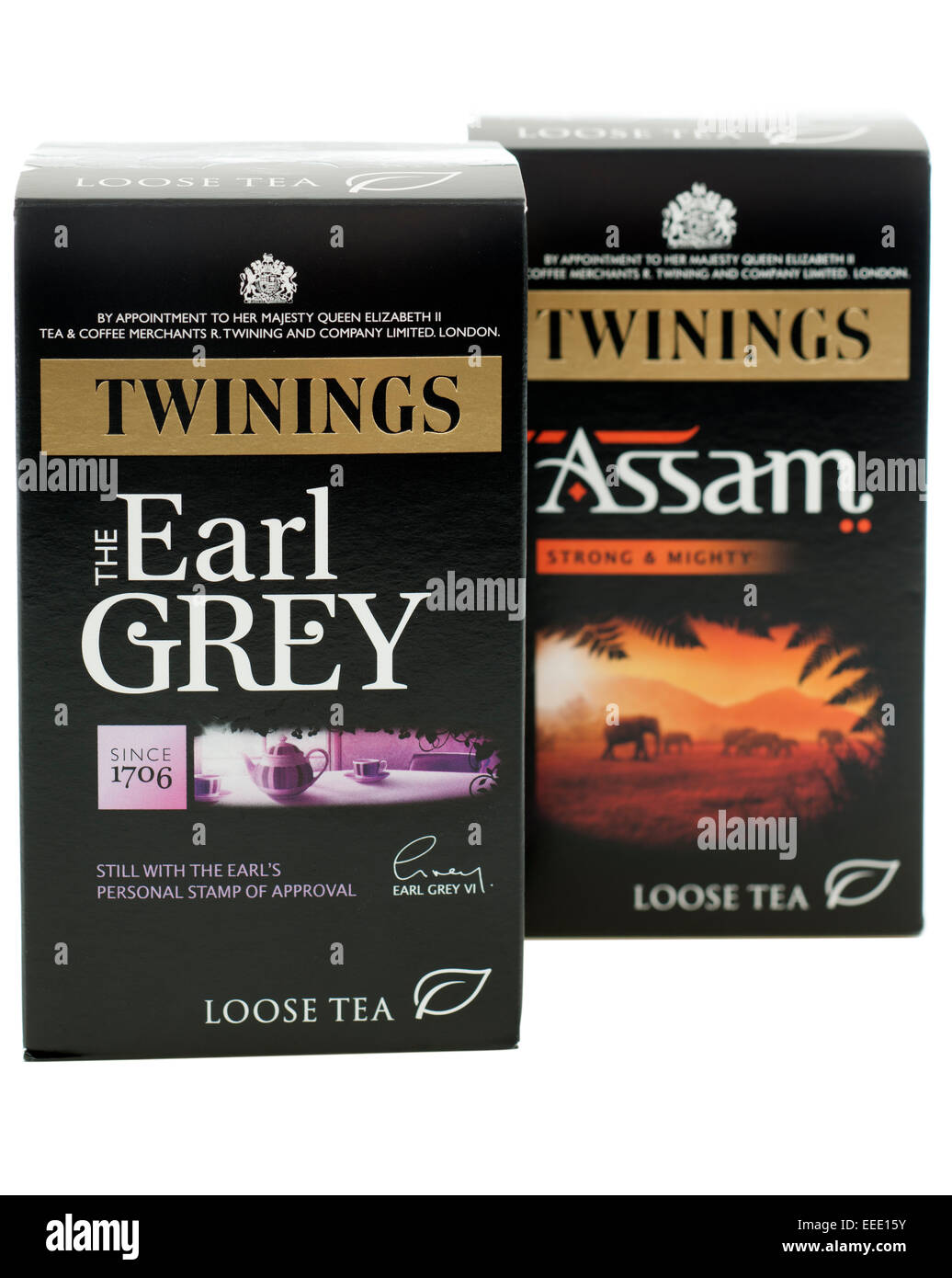 Zwei Boxen von Twinings Lose Blatt Tee Assam und Earl grey Stockfoto