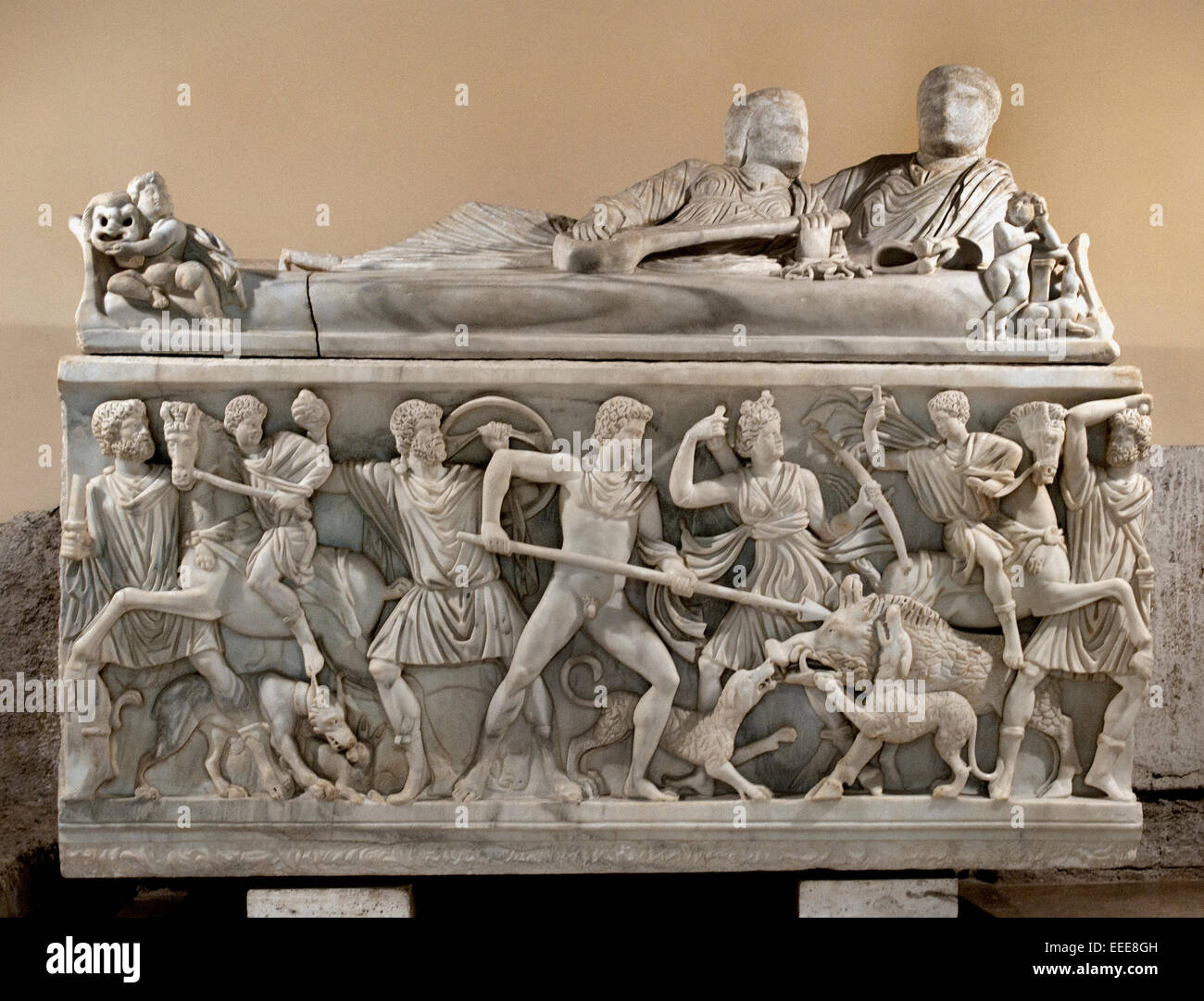 Römischer Sarkophag mit Szenen der Calydonian Eber Jagd römischen Rom Capitoline Museum Italien Italienisch Stockfoto