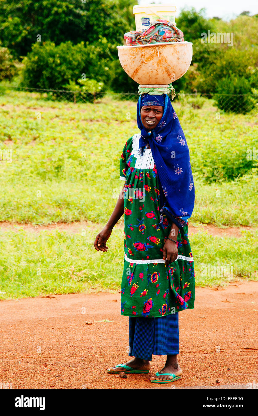Porträt des Fulbe-Frau, die trägt eines großen Kürbis auf Kopf, Mali. Stockfoto