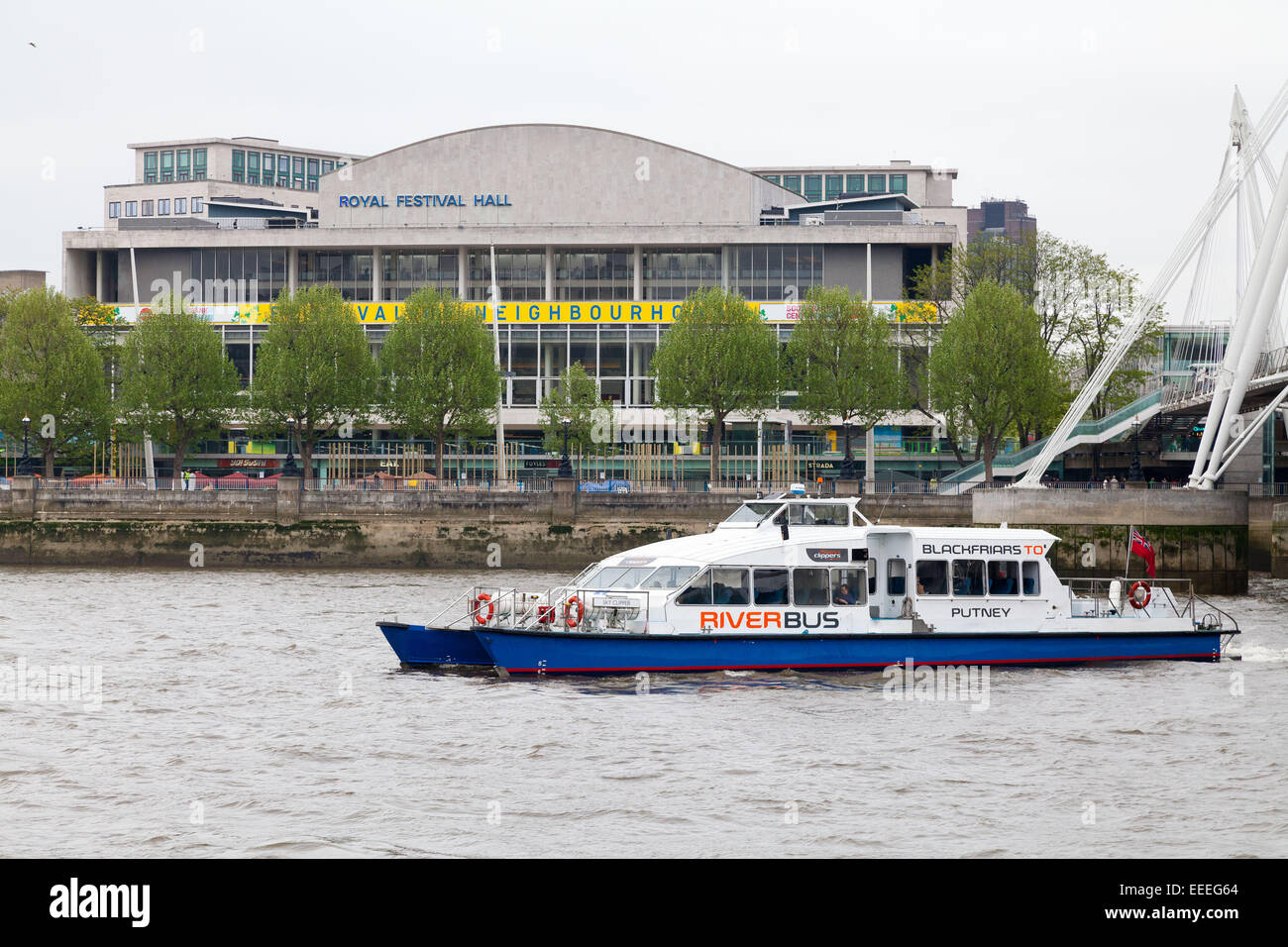 Fluss-Bus-Service vorbei an der Royal Festival Hall Stockfoto