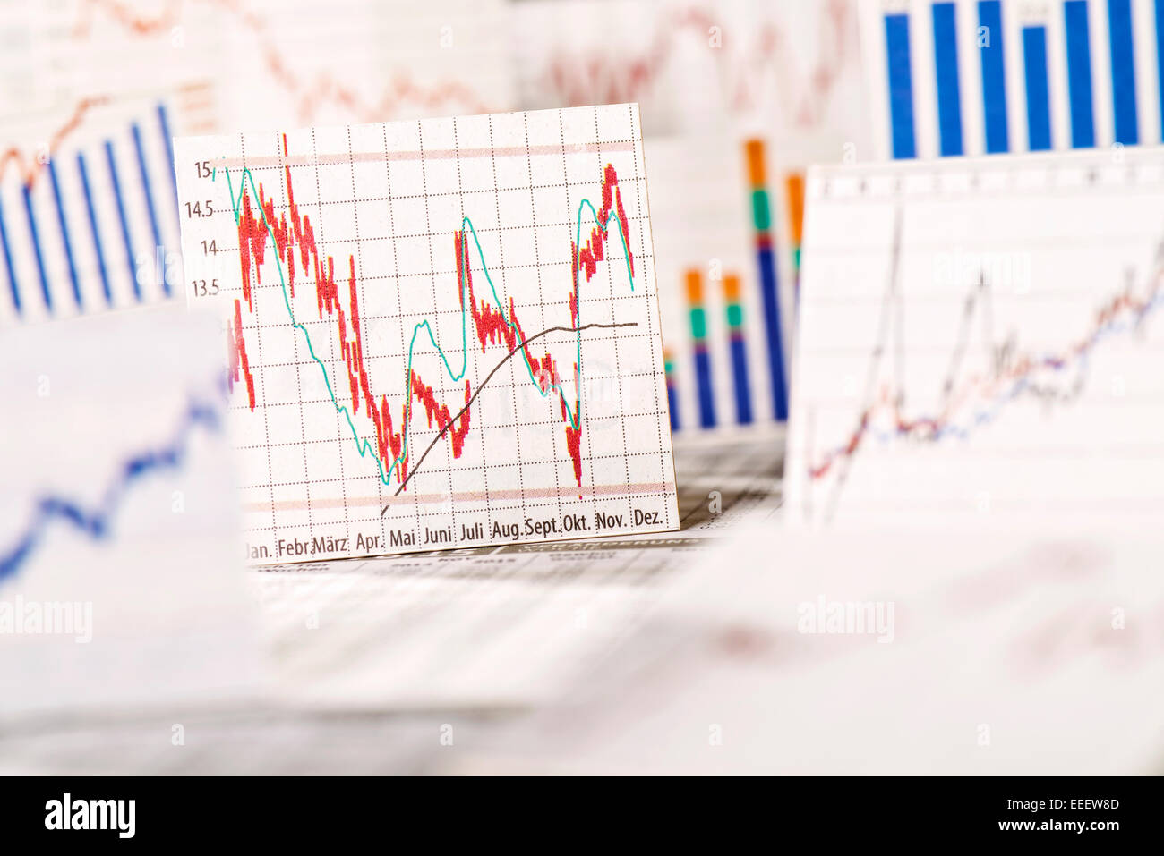 Bretter mit Diagrammen der Trends an den Finanzmärkten. Stockfoto