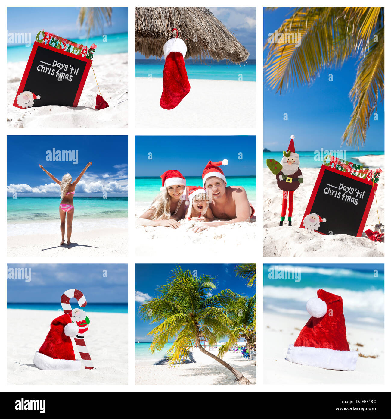 Weihnachten-Collage mit verschiedenen Ansichten am Karibik-Strand Stockfoto