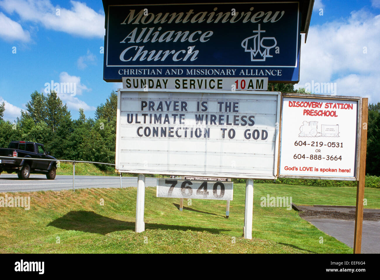 Lustige Humor / humorvolle religiöses Kirche Zeichen - Gebet ist das ultimative Wireless-Verbindung zu Gott Stockfoto