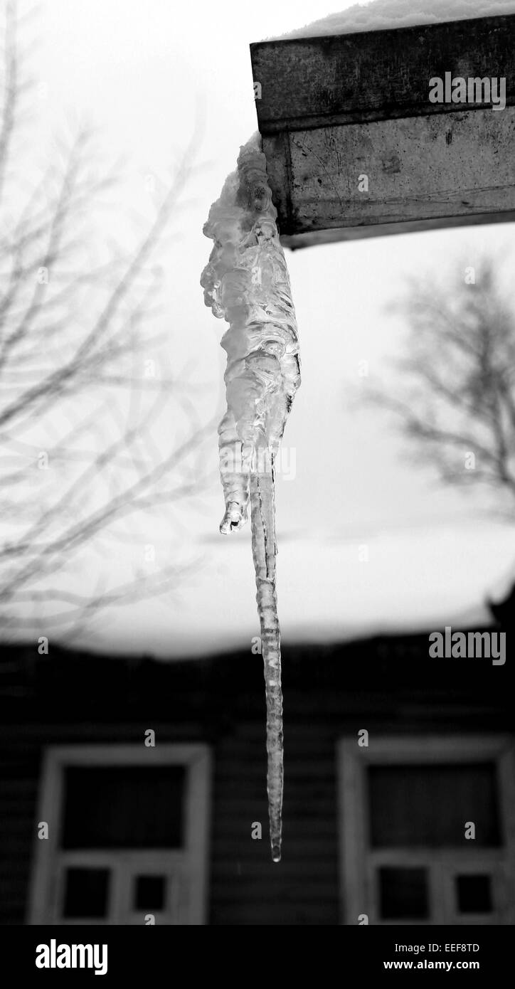 Ein großer Eiszapfen hängen vom Dach des Hauses fotografiert closeup Stockfoto