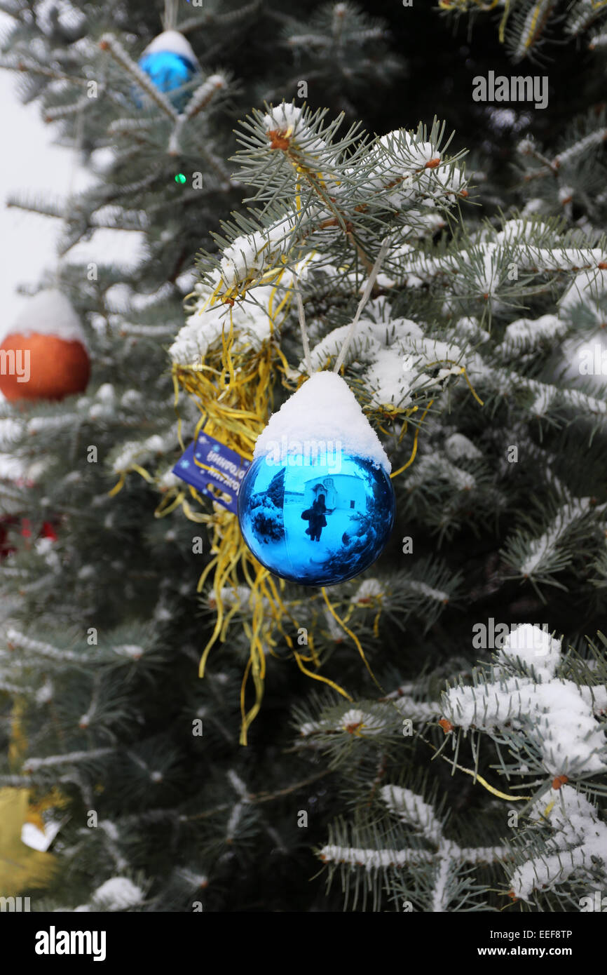 Grünen Weihnachtsbaum im Schnee in Nowospassker Kloster in Moskau Stockfoto