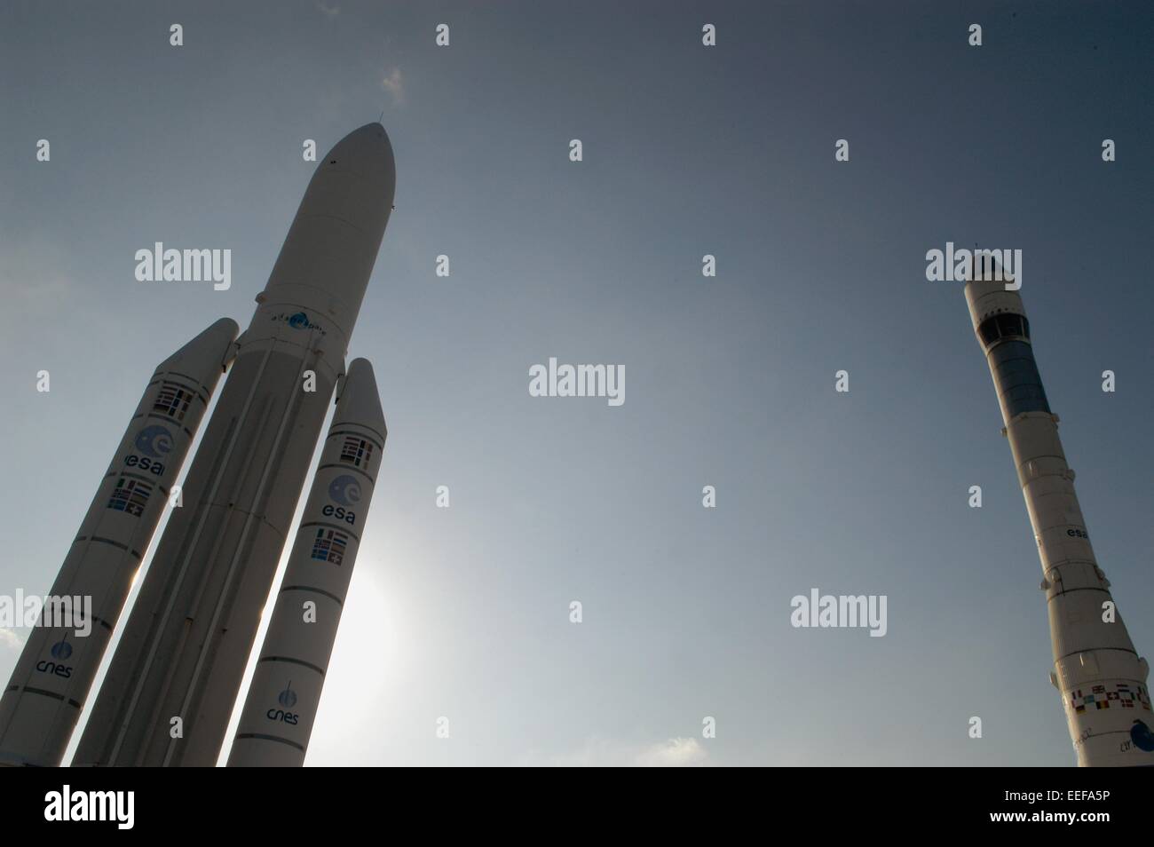 Ariane-Raketen auf Anzeige im Museum der Luftfahrt am Flughafen in Paris Le Bourget Stockfoto