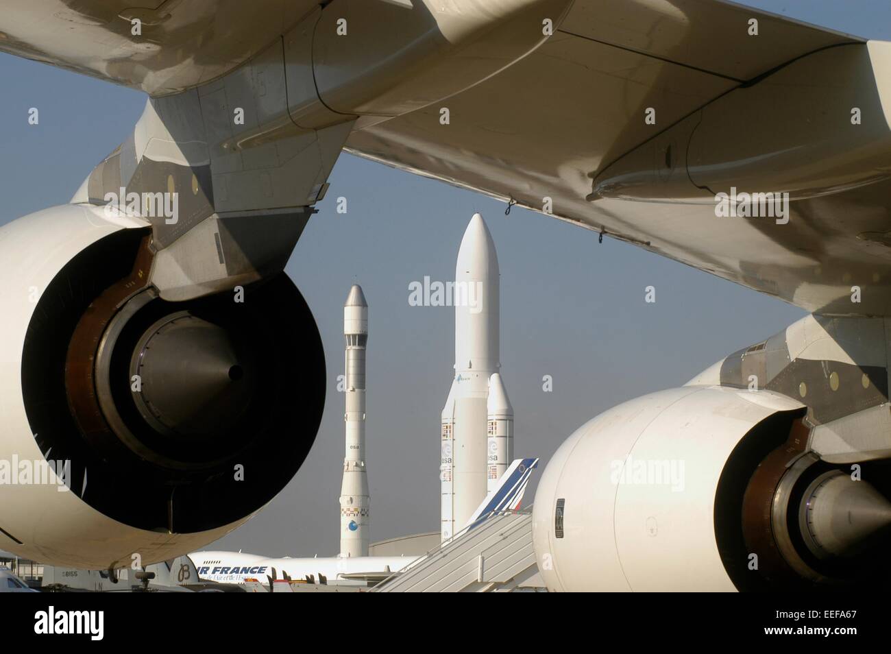 Ariane-Raketen auf Anzeige im Museum der Luftfahrt am Flughafen in Paris Le Bourget Stockfoto