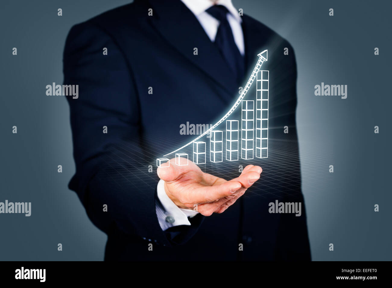 Geschäftsmann mit einem steigenden Diagramm im Wireframe-Modus Stockfoto