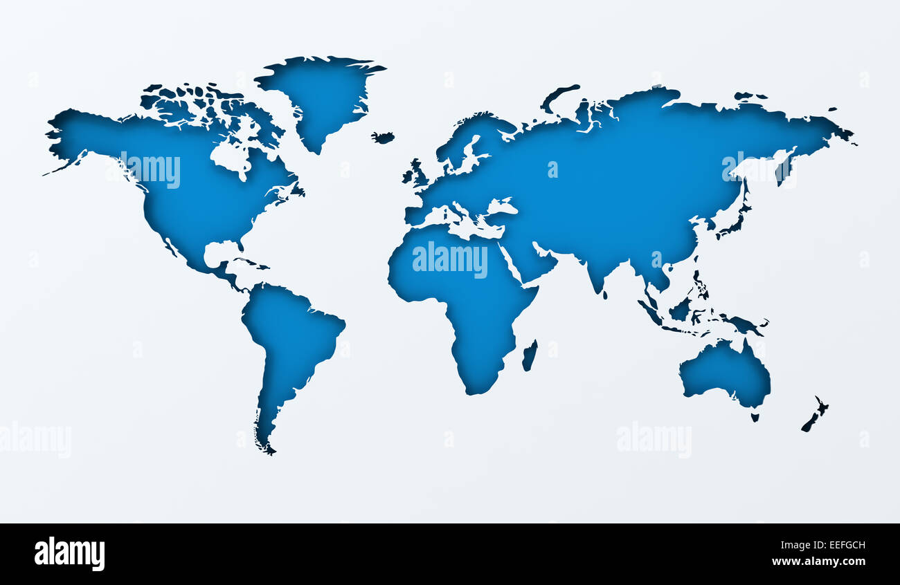 Welt Karte Papier Ausschnitt mit blauem Hintergrund Stockfoto
