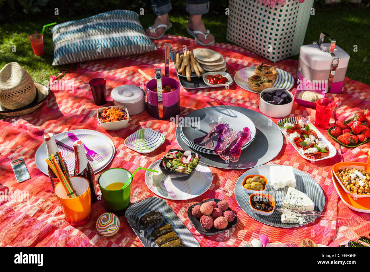 Picknick im Freien mit Habitat Plastikteller und Besteck. Stockfoto