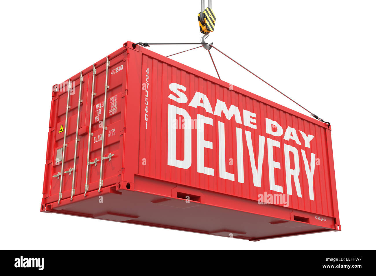 Lieferung am selben Tag - Red Cargo-Container hängen. Stockfoto