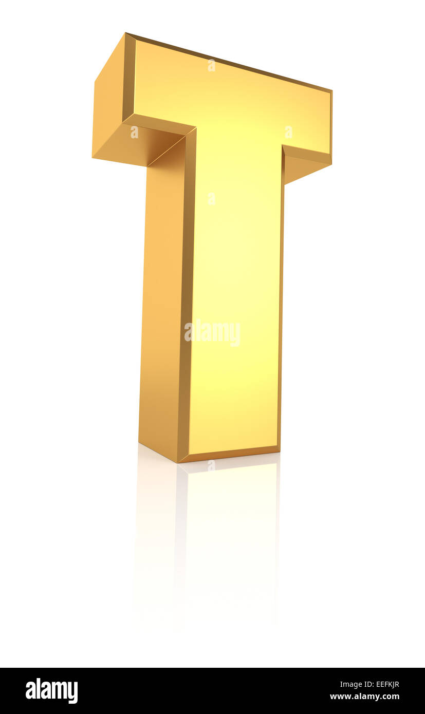 T-Brief. Gold Metall Buchstaben auf reflektierenden Boden. Weißen Hintergrund. 3D render Stockfoto