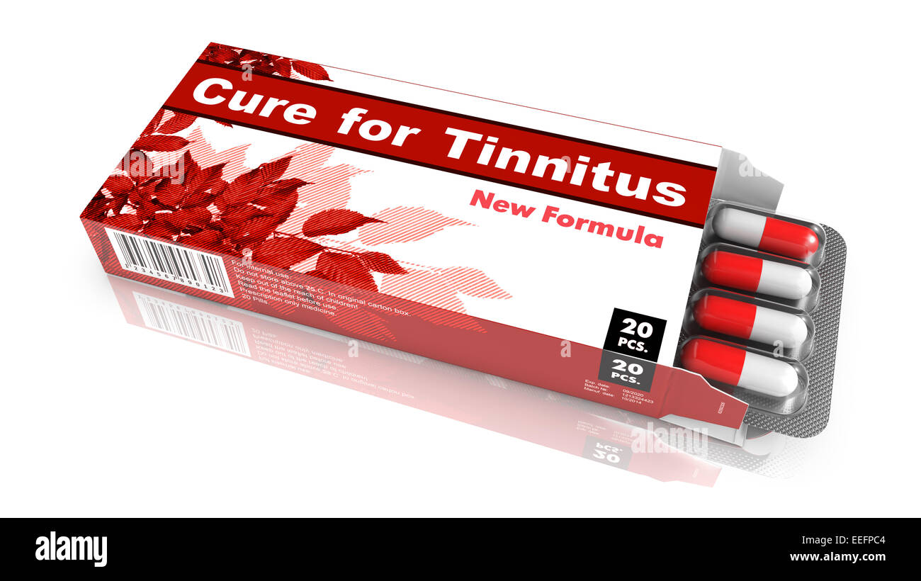 Heilmittel für Tinnitus rote offene Blisterpackung. Stockfoto