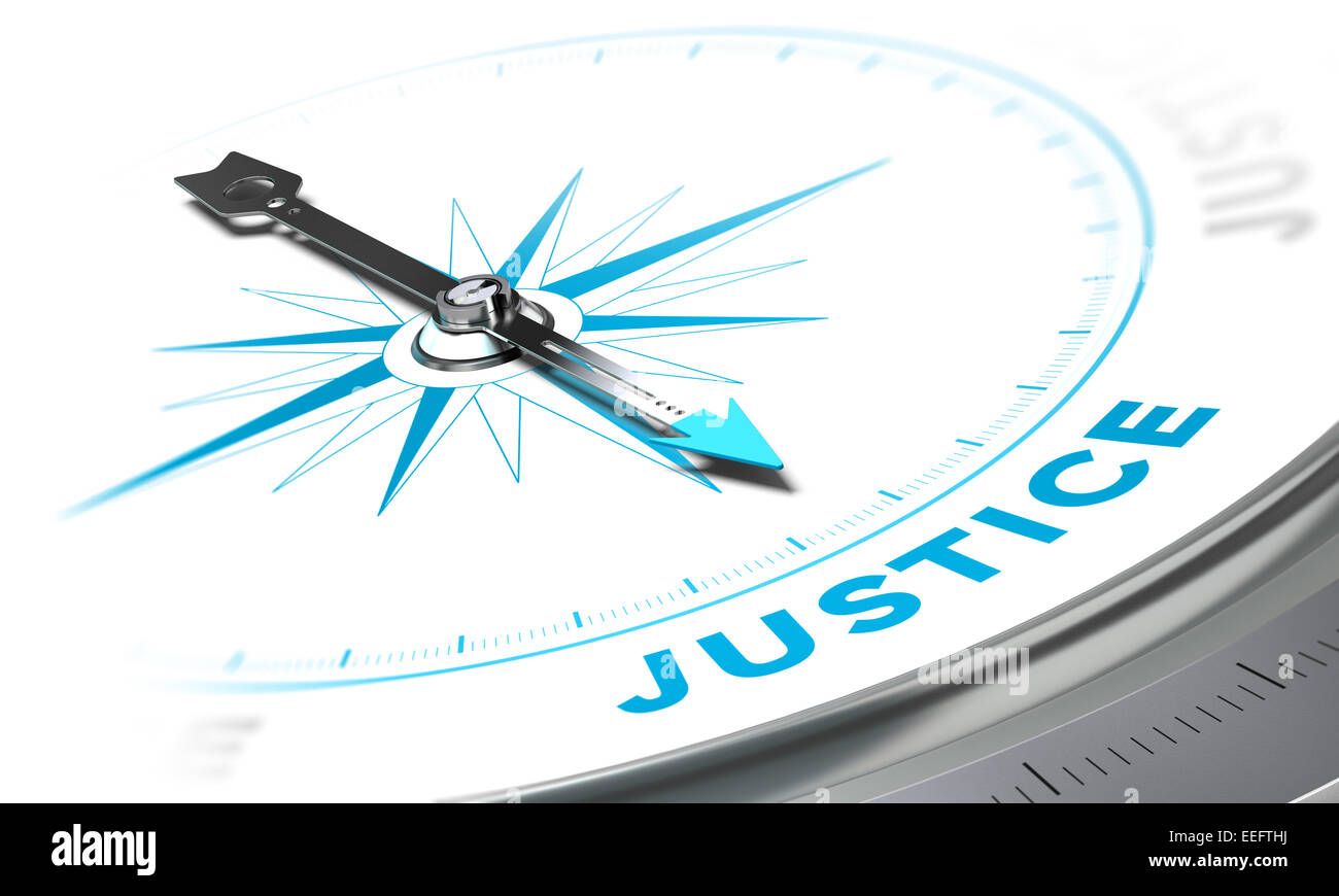Kompass mit Nadel zeigt das Wort Gerechtigkeit, weißen und blauen Tönen. Hintergrundbild zur Veranschaulichung des Gesetzes Stockfoto