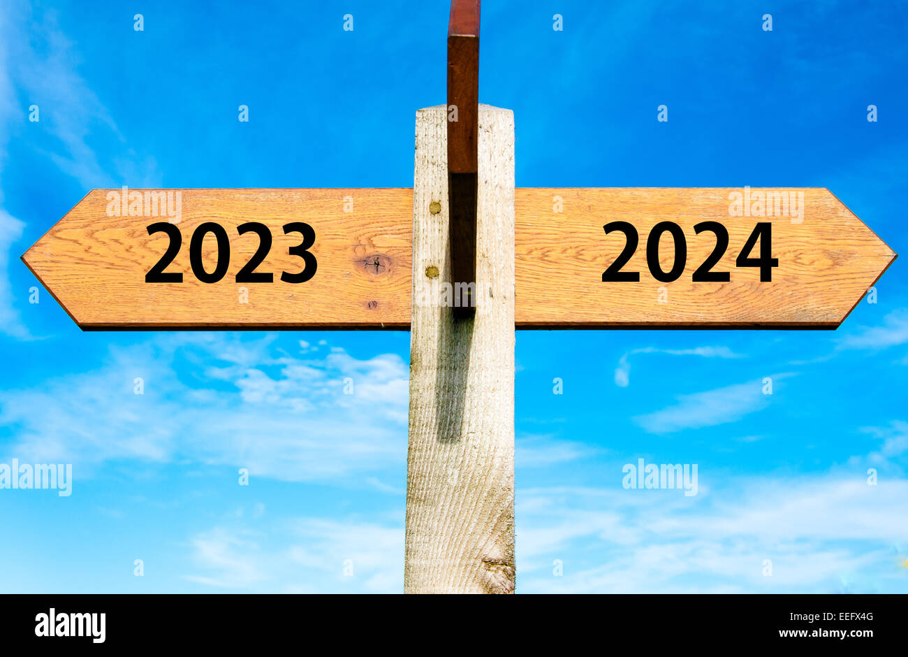 Wegweiser aus Holz mit zwei entgegengesetzte Pfeile über klaren, blauen