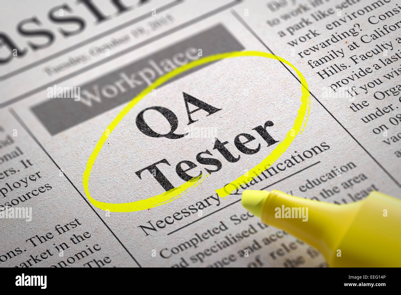 QA Tester Jobs in Zeitung. Stockfoto