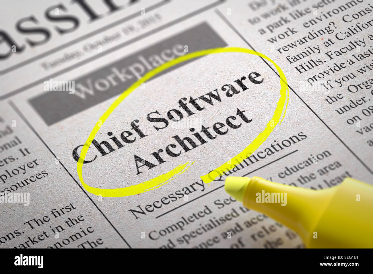 Chief Software Architect Vakanz in der Zeitung. Stockfoto