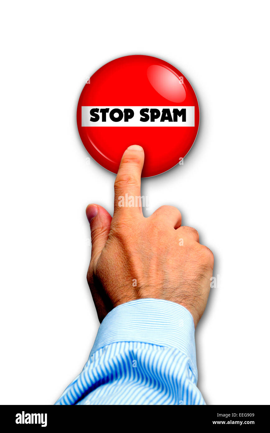 männliche Hand schob einen Tastendruck mit Spam-Text "Stop" Stockfoto