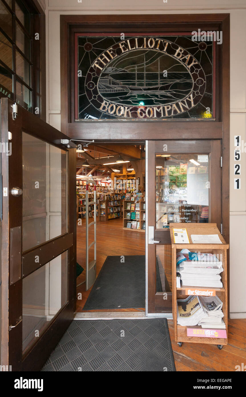 Die Elliott Bay Book Company Eingang, Capitol Hill, Seattle, Washington, USA Stockfoto